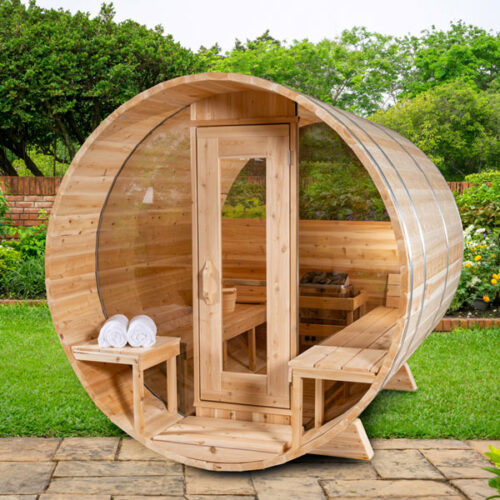 barrel sauna with panoramic window and glass front wall